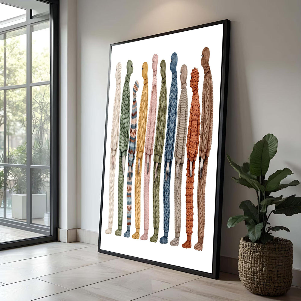 Colorful Knitted Figures Canvas Wall Art, Cozy Sweater People Illustration, Unique Home Decoration, Contemporary Luxury Home Decor