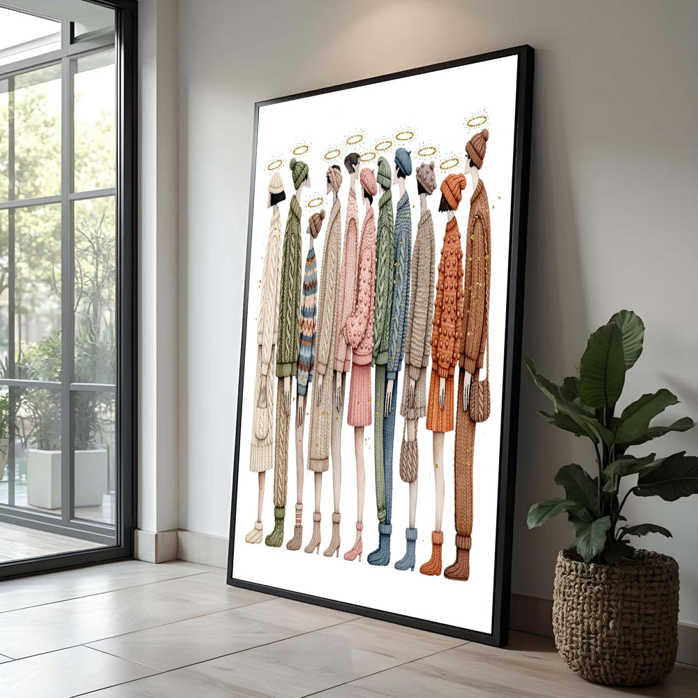 Whimsical Winter Fashion Lineup Canvas, Cozy Knitwear Illustration, Unique People Silhouettes, Colorful Sweater Art, Luxury Home Decor