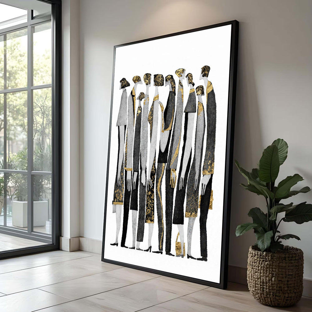 Elegant Abstract Figures Canvas Wall Art, Modern Black and Gold People Silhouette, Contemporary Group Portrait Decoration, Luxury Home Decor