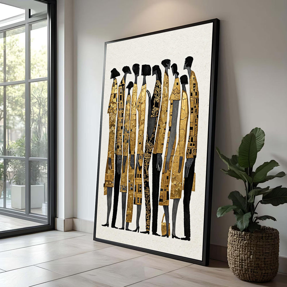 Contemporary Abstract Figures Canvas, Modern Gold Accent Wall Art, Minimalist People Silhouettes Painting, Elegant Home Luxury Home Decor
