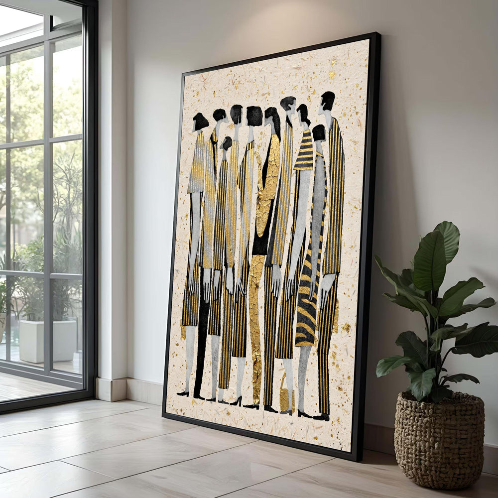Elegant Group Silhouettes Canvas, Modern Abstract Wall Art, Gold Striped Figures Design, Contemporary Home Decoration Luxury Home Decor