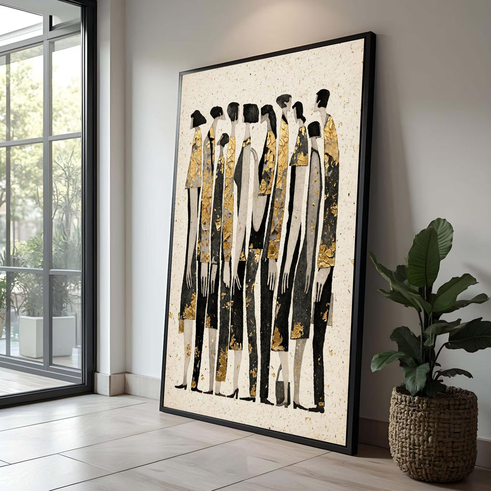 Abstract People Group Canvas Wall Art, Modern Silhouettes Design, Gold Accent Figures, Minimalist Home Decoration, Luxury Home Decor