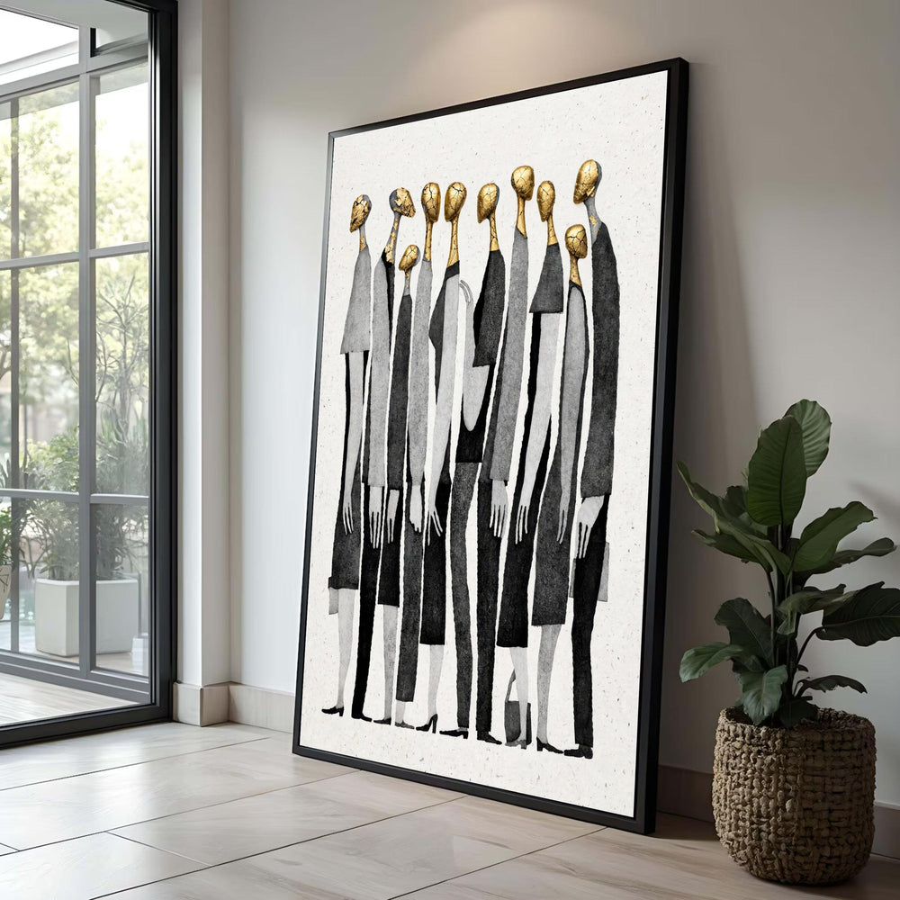 Abstract Group People Canvas Wall Art, Modern Figures Painting, Black and Gold Home Decor, Minimalist Wall Art, Elegant Luxury Home Decor