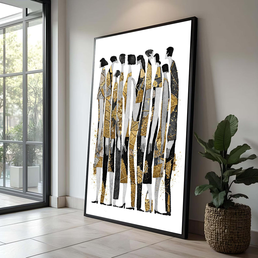 Abstract Figures Group Canvas, Modern Wall Art, Black Gold Accents, Contemporary People Silhouettes, Elegant Home Luxury Home Decor