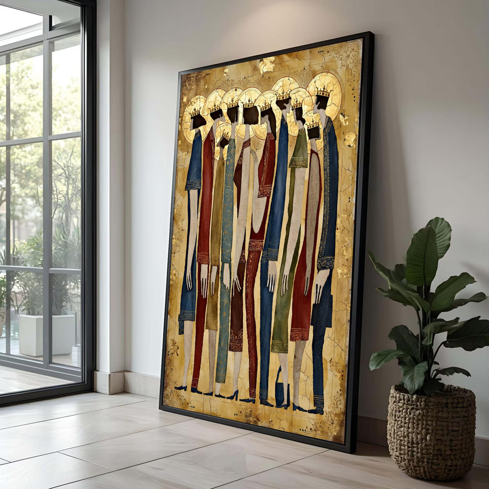 Regal Silhouettes with Crowns Canvas, Royalty Figures Wall Art, Medieval Canvas Decoration, Gold Halo Abstract Art Luxury Home Decor