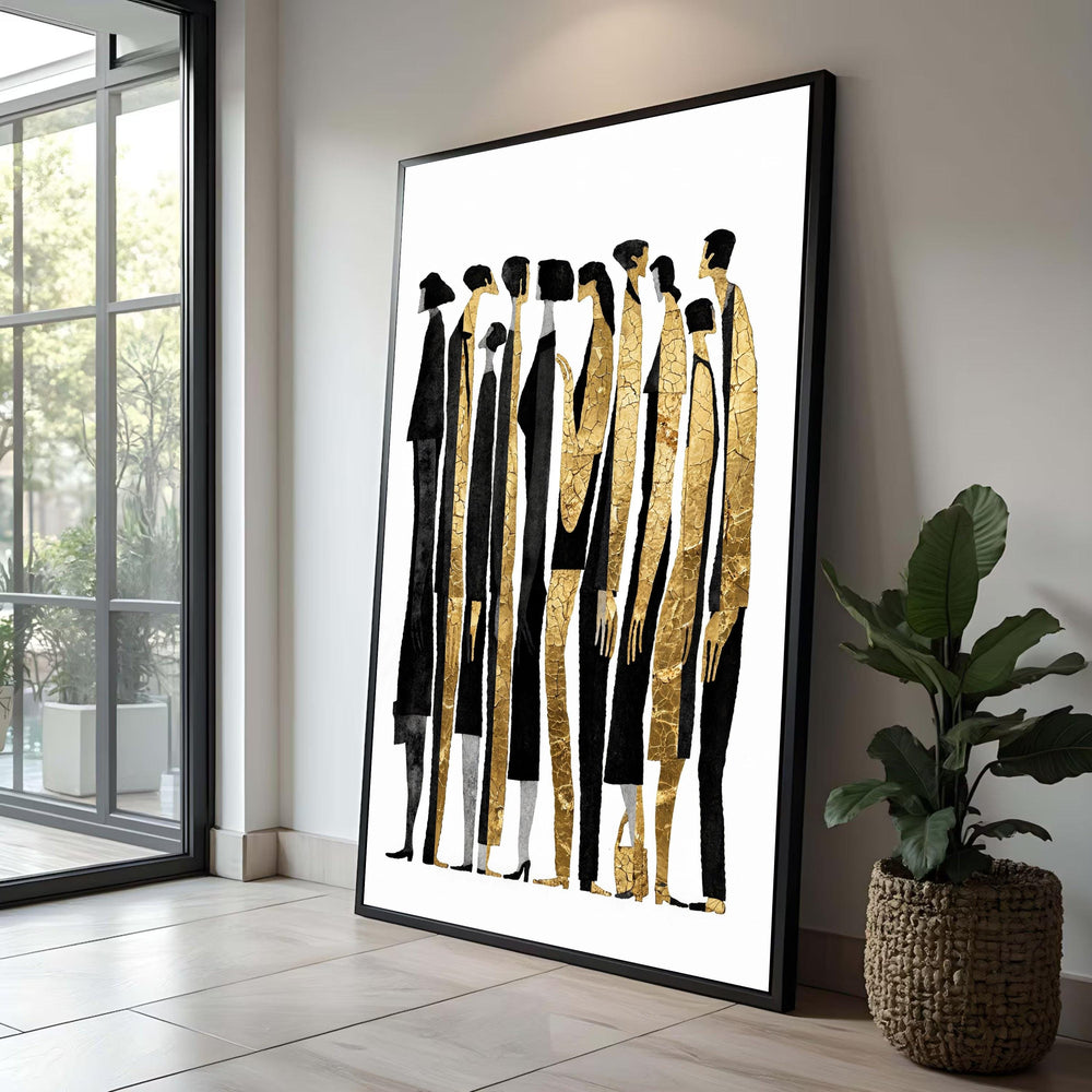Elegant Abstract Crowd Canvas, Black and Gold Silhouettes, Modern People Wall Art, Minimalist Home Decoration, Luxury Home Decor