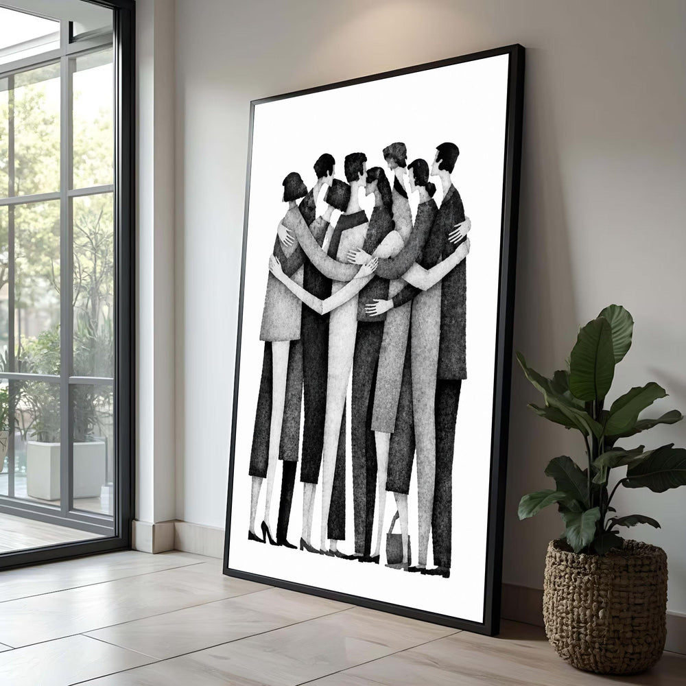 Abstract Group Embrace Canvas, Monochrome People Art, Unity Wall Decoration, Friendship Illustration Print, Modern Home Luxury Home Decor