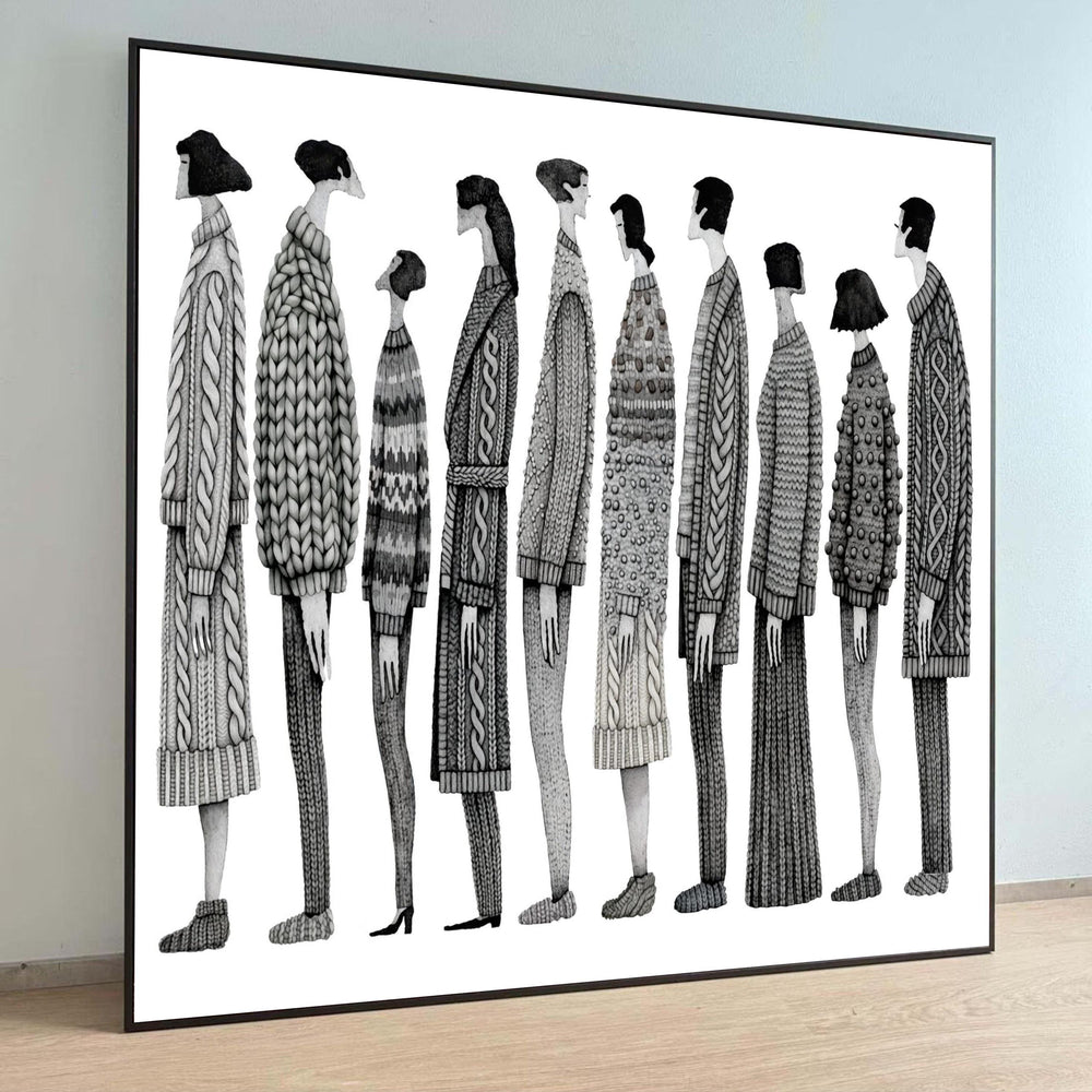Modern Black and White People Silhouettes, Knit Sweater Lineup Canvas, Minimalist Figurative Wall Art, Contemporary Luxury Home Decor