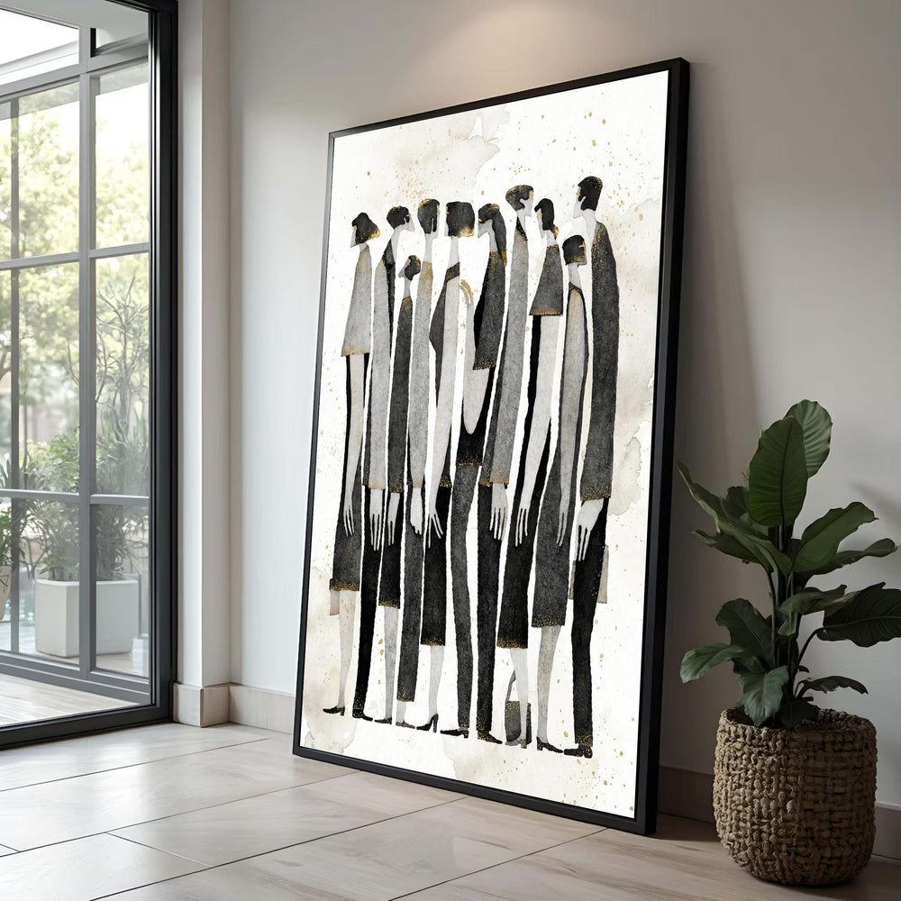 Modern Abstract People Group Canvas, Neutral Color Wall Art, Black and Gold Figures, Contemporary Home Decoration, Elegant Luxury Home Decor