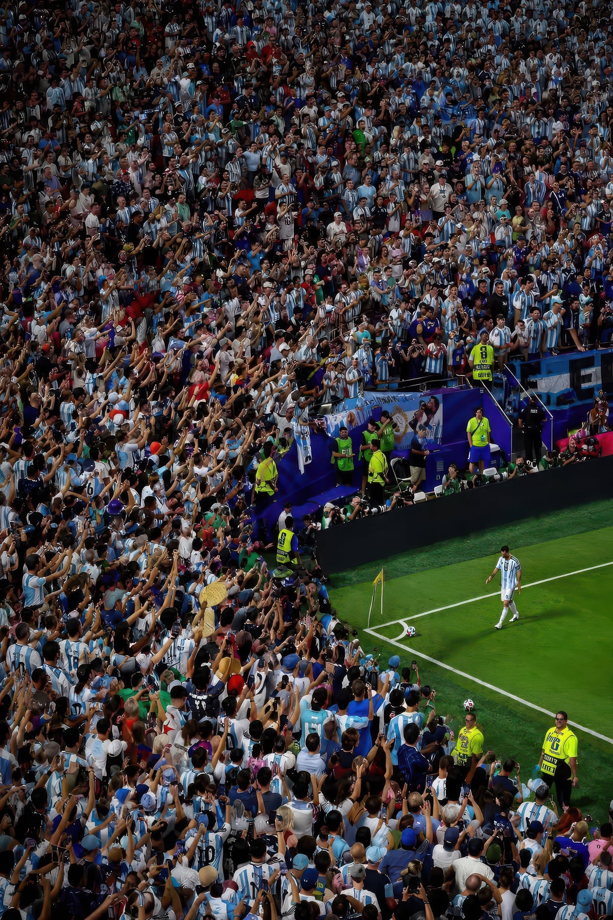 Messi Stadium Legend artwork with an edge-to-edge portrait crop, Argentina supporters and Lionel Messi near the corner flag