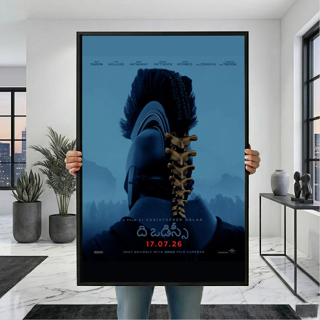 The Odyssey Spine of War poster in a black frame, held for scale