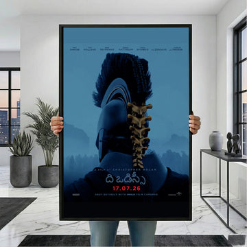 The Odyssey Spine of War poster in a black frame, held for scale