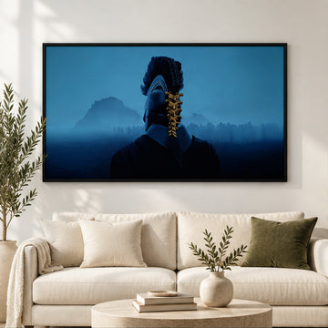 The Odyssey Blue Warrior Horizon landscape canvas in a bright living room