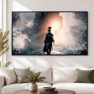 The Odyssey Storm Gate Warrior landscape canvas in a bright living room
