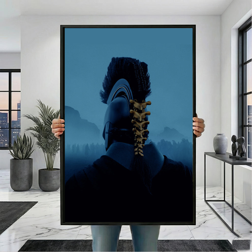 The Odyssey Ancient Warrior portrait in a black frame, held for scale
