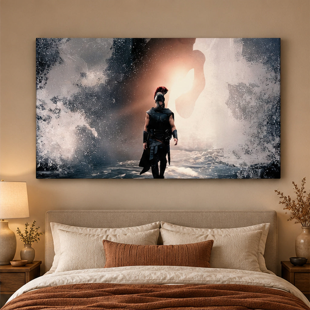 The Odyssey Storm Gate Warrior unframed landscape canvas in a warm bedroom