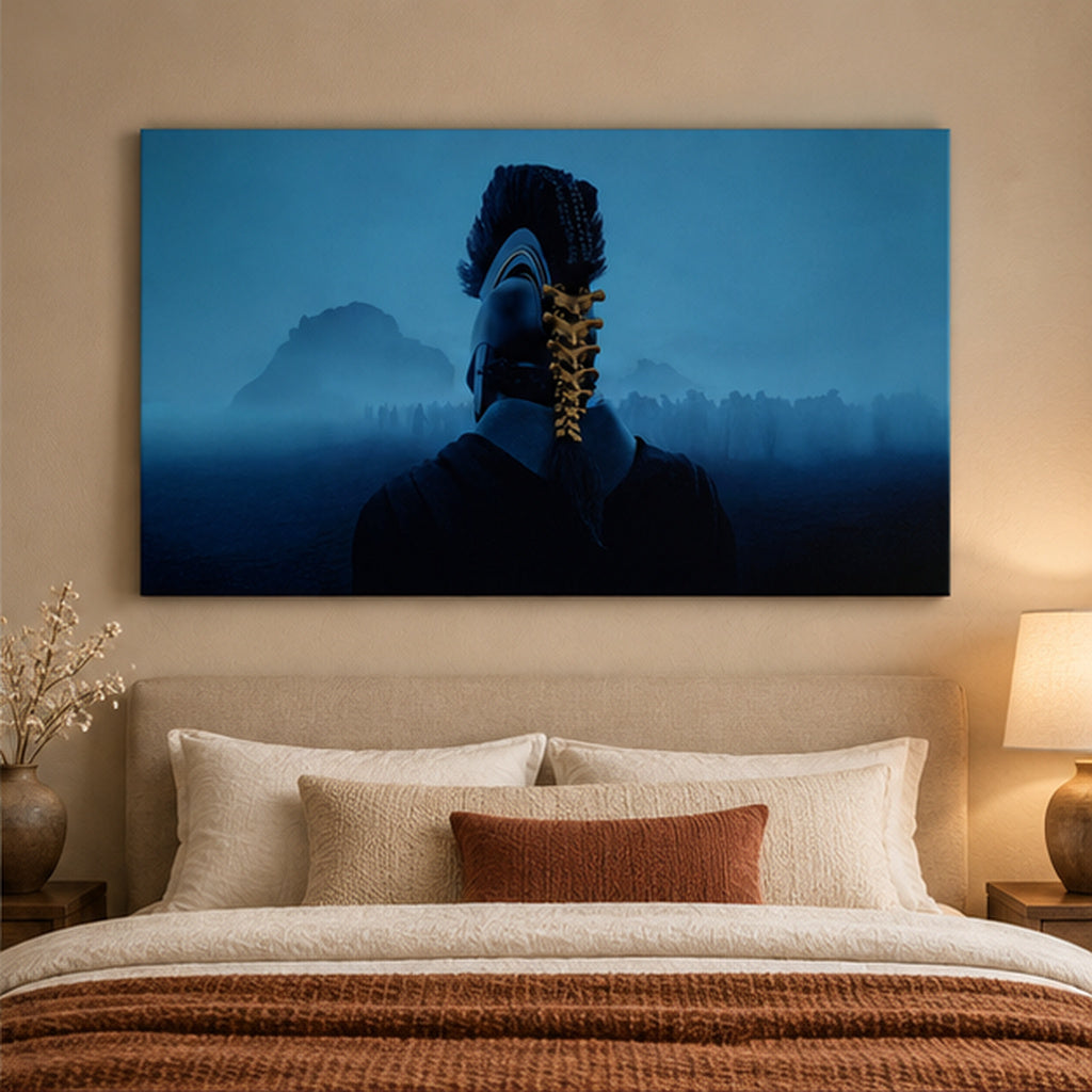 The Odyssey Blue Warrior Horizon unframed canvas in a warm bedroom