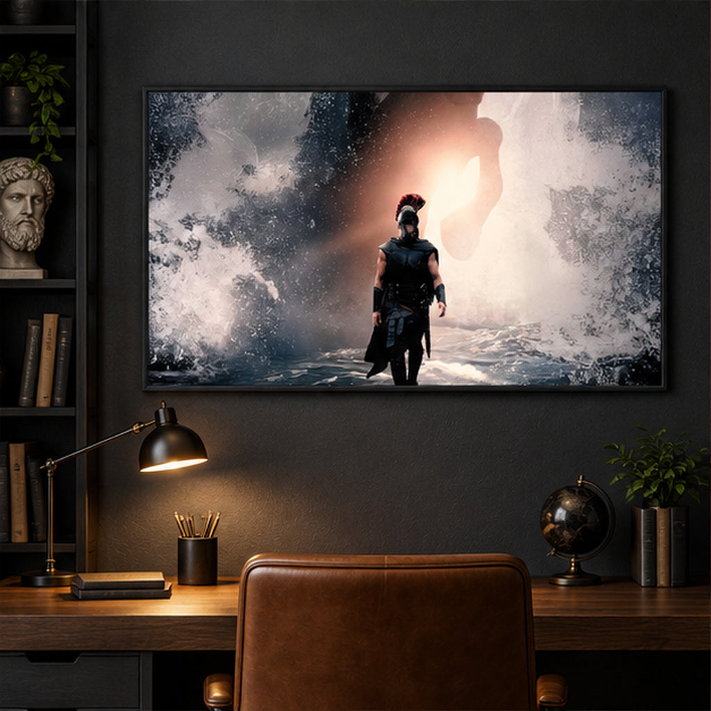 The Odyssey Storm Gate Warrior black framed canvas in a dark office
