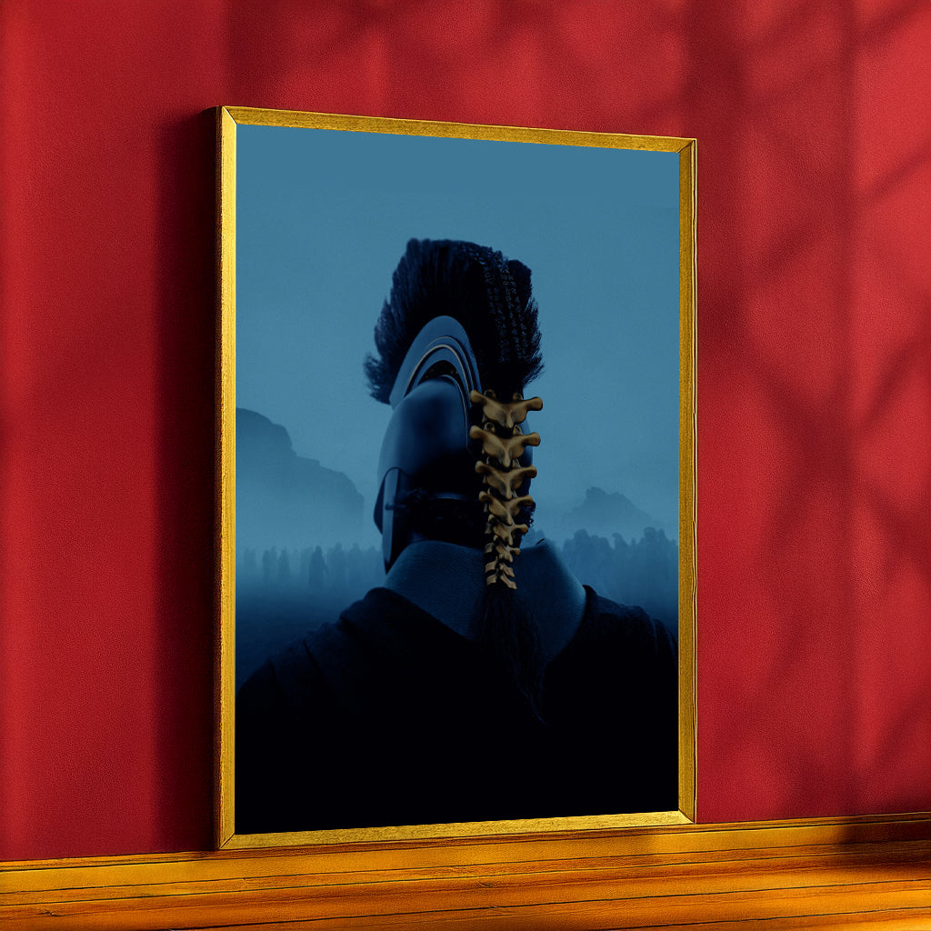 The Odyssey Ancient Warrior canvas in a gold frame against a red wall