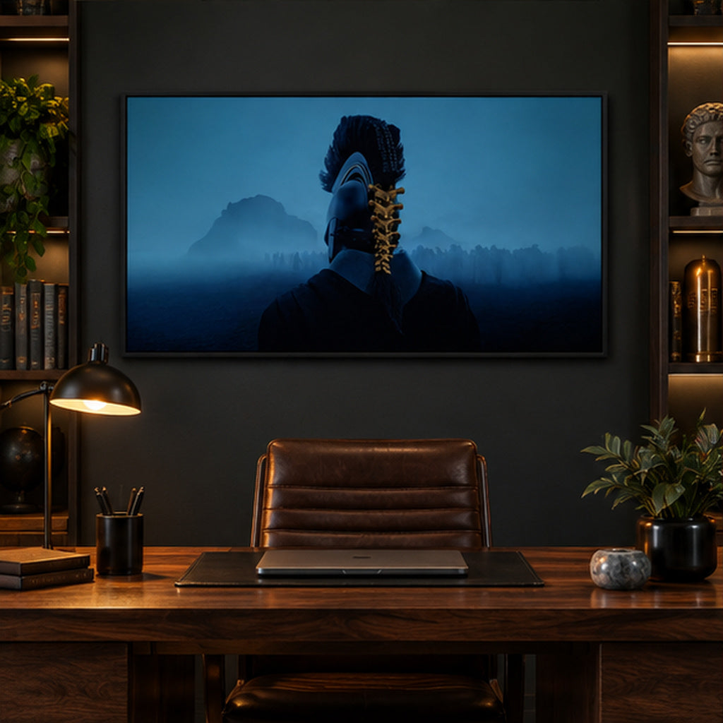 The Odyssey Blue Warrior Horizon black framed canvas in a dark office