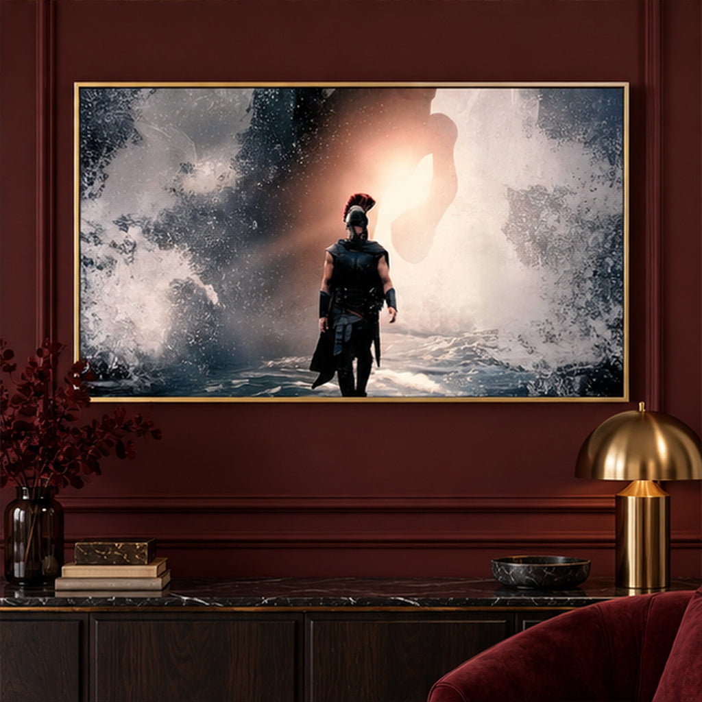 The Odyssey Storm Gate Warrior landscape canvas in a gold frame