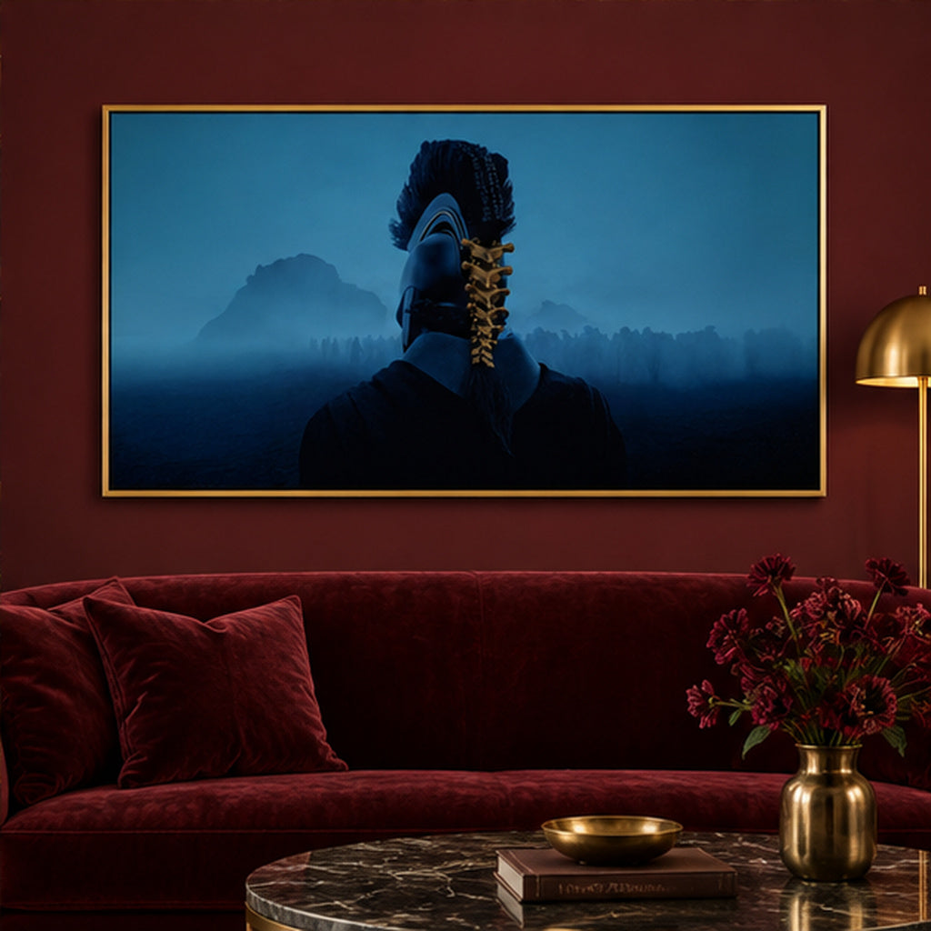 The Odyssey Blue Warrior Horizon landscape canvas in a gold frame