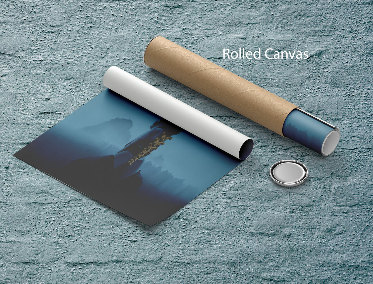 The Odyssey Blue Warrior Horizon artwork shown as a rolled canvas print