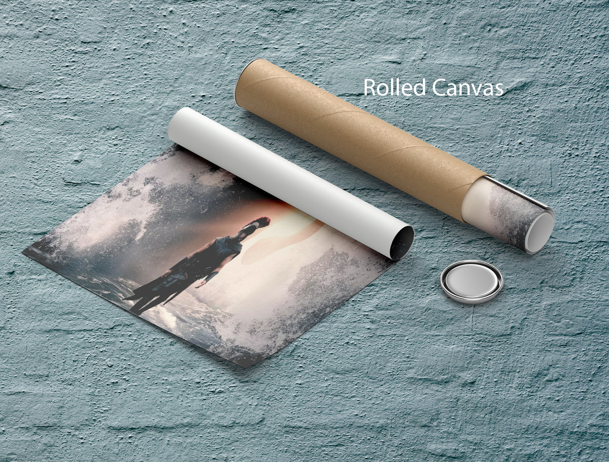 The Odyssey Storm Gate Warrior artwork shown as a rolled canvas print