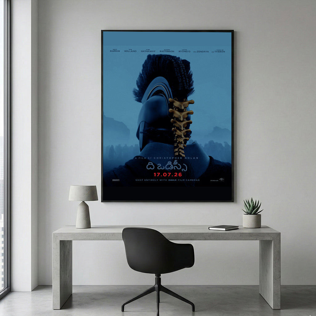 The Odyssey Spine of War black framed canvas above a modern desk