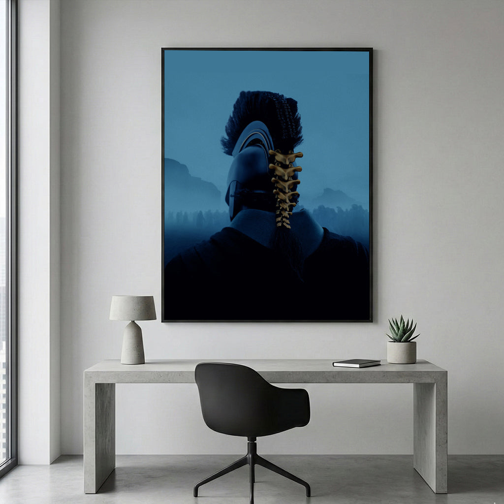 The Odyssey Ancient Warrior black framed canvas above a modern desk