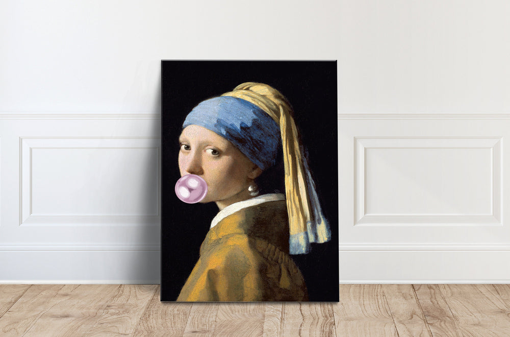 Girl with a Pearl Earring and bubble gum Canvas Wall Art Poster Print Home Decor