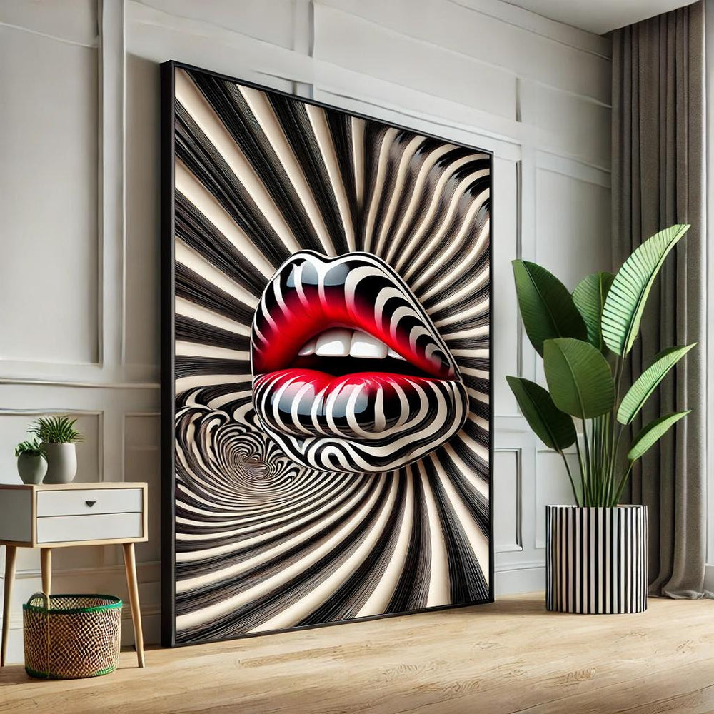 Abstract Lips Pop Art Canvas – Black & White Striped Wall Decor