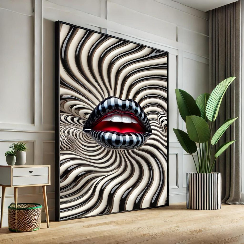 Abstract Lips Pop Art Canvas – Black & White Striped Wall Decor