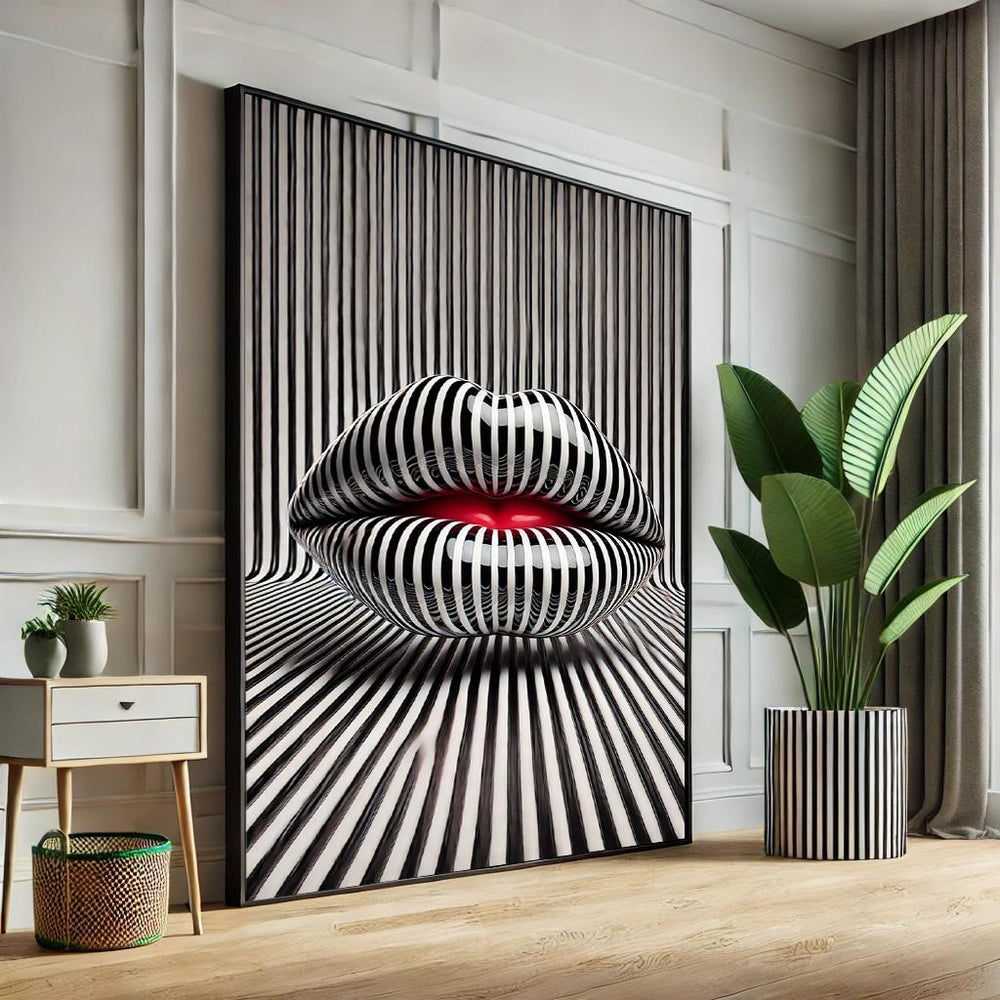Abstract Lips Pop Art Canvas – Black and White Striped Wall Decor