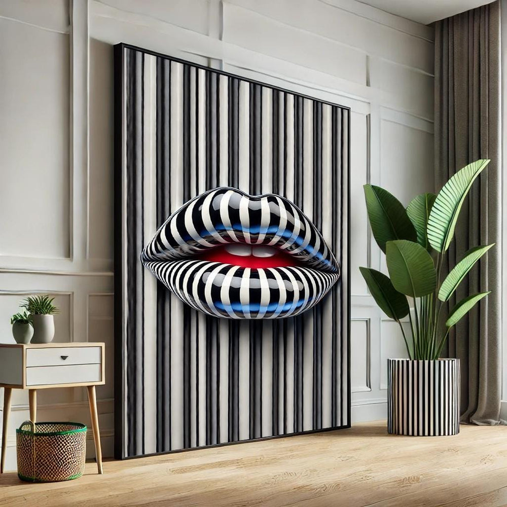 Abstract Lips Pop Art Canvas – Black & White Striped Wall Decor