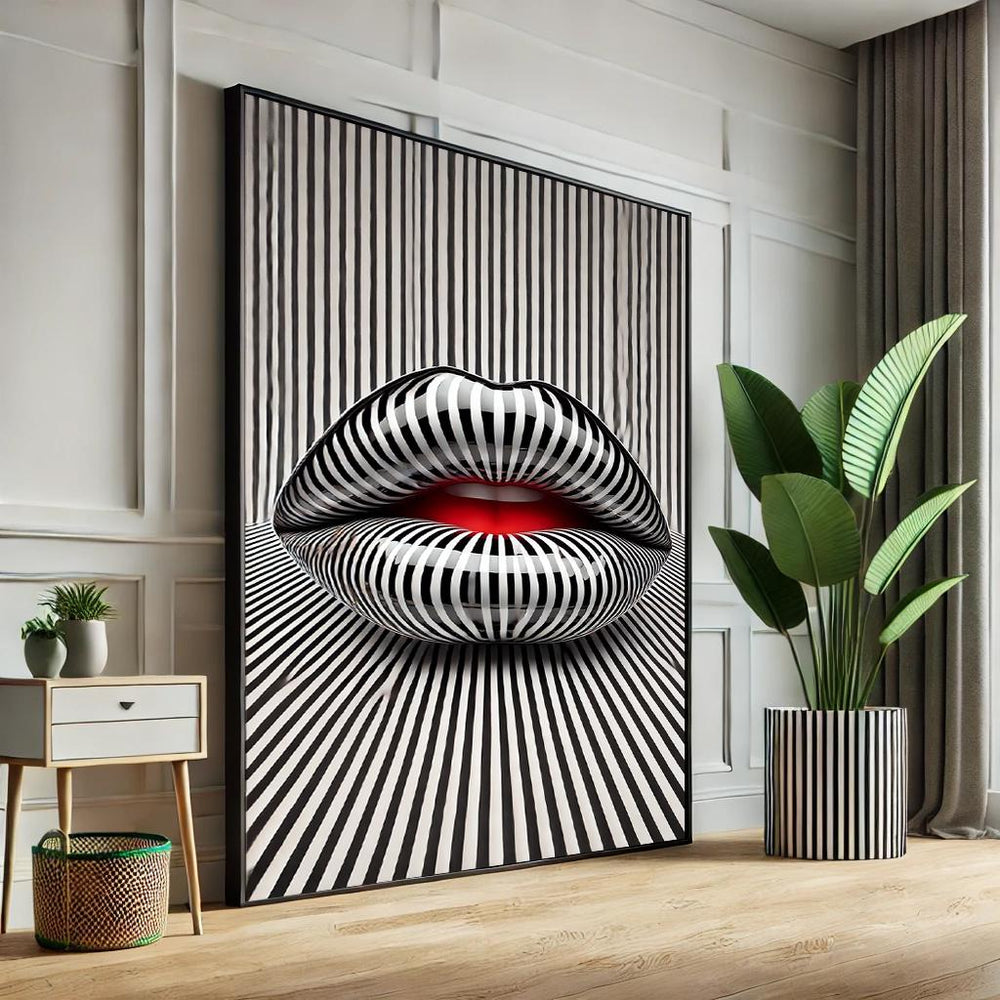Abstract Lips Pop Art Canvas – Black & White Striped Wall Decor