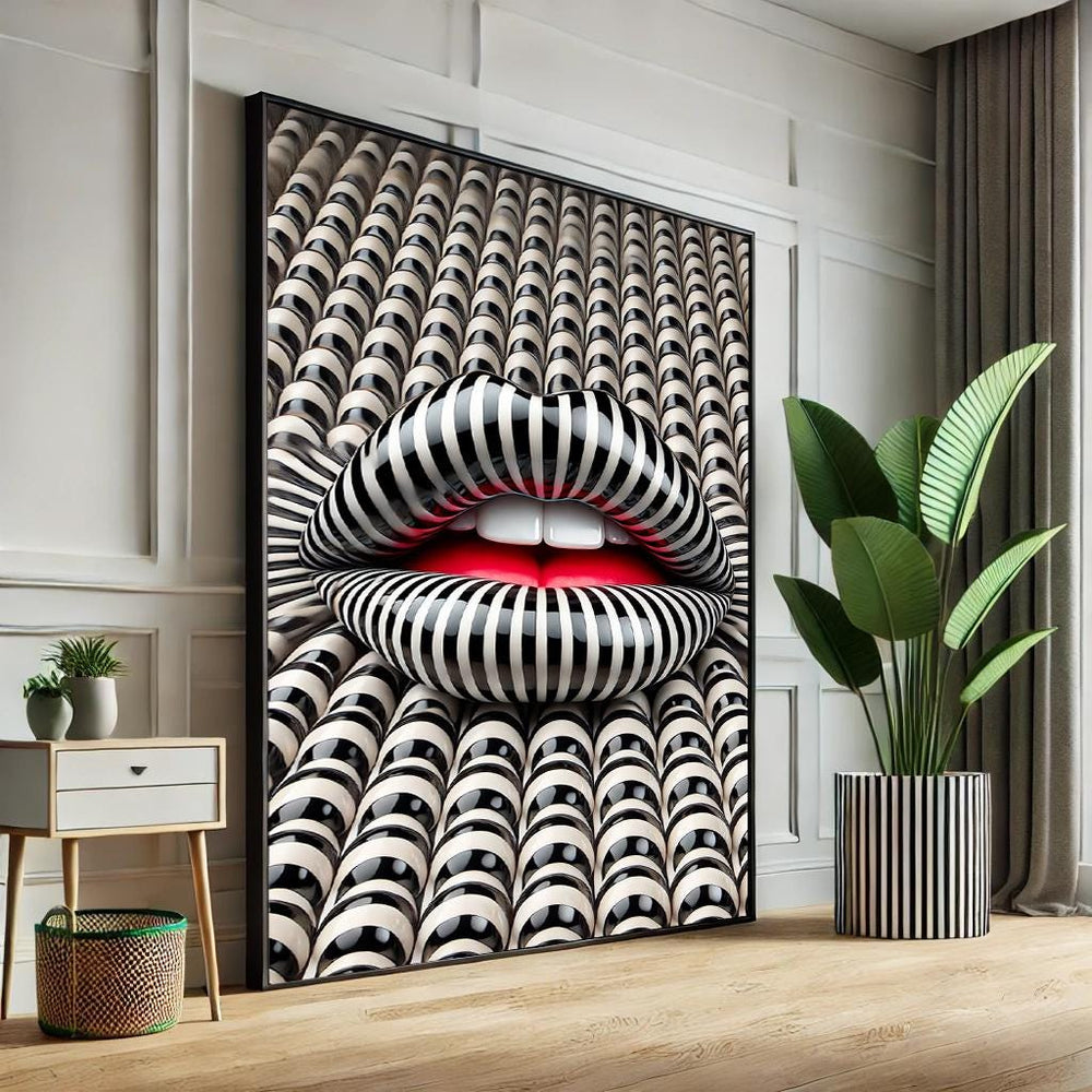 Striped Lips Pop Art Canvas – Modern Black and White Wall Decor