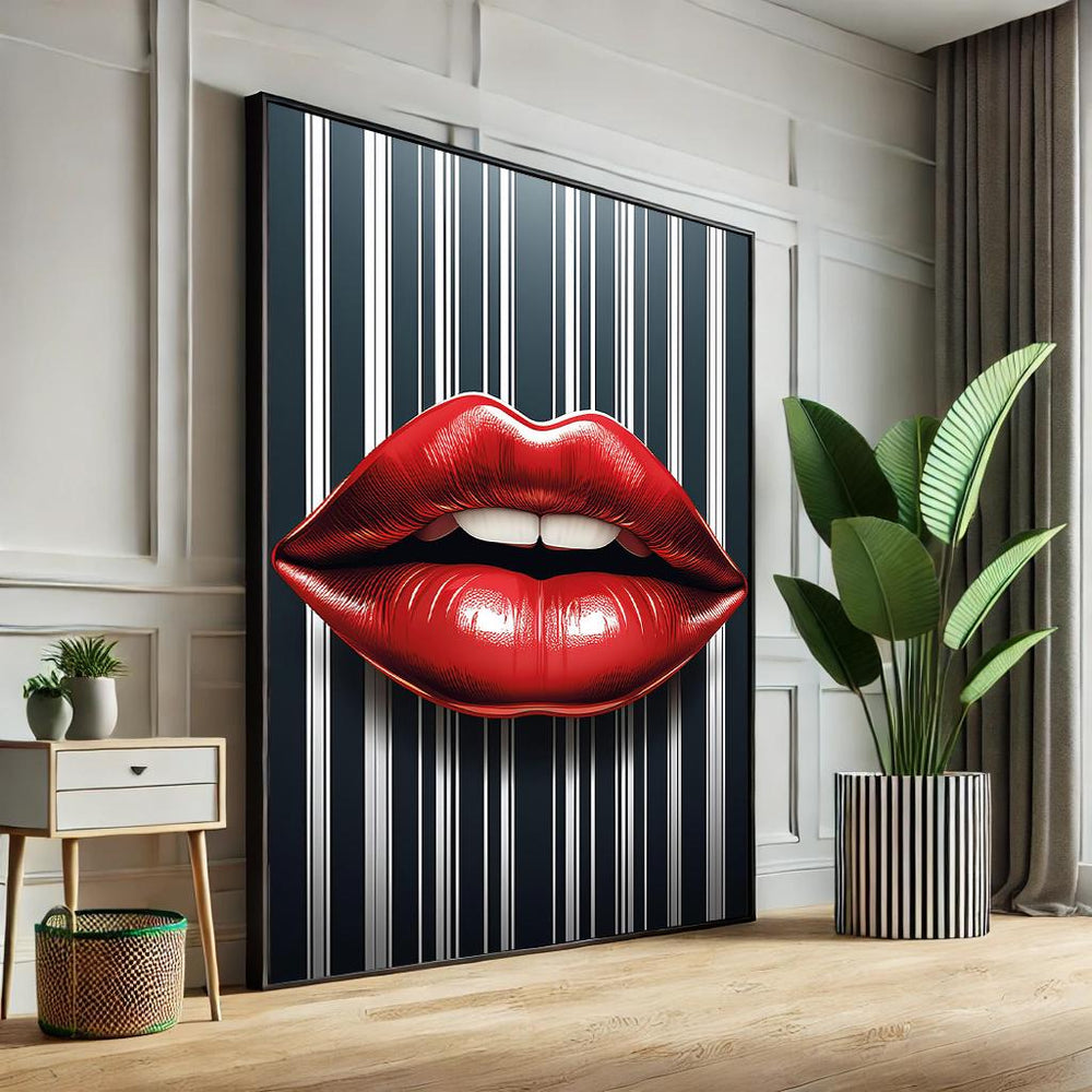 Abstract Lips Pop Art Canvas – Black & White Striped Wall Decor
