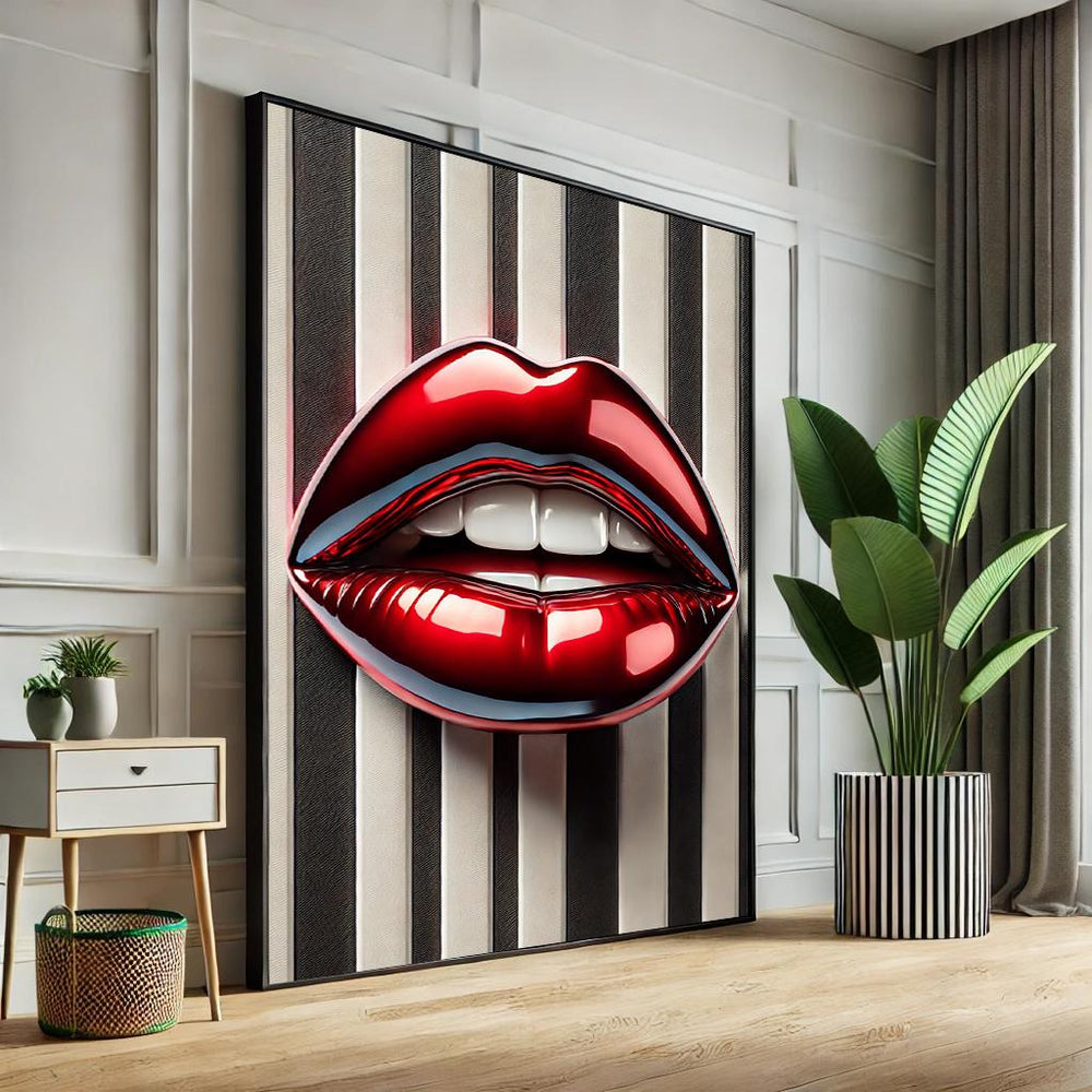 Abstract Lips Pop Art Canvas – Black & White Striped Wall Decor
