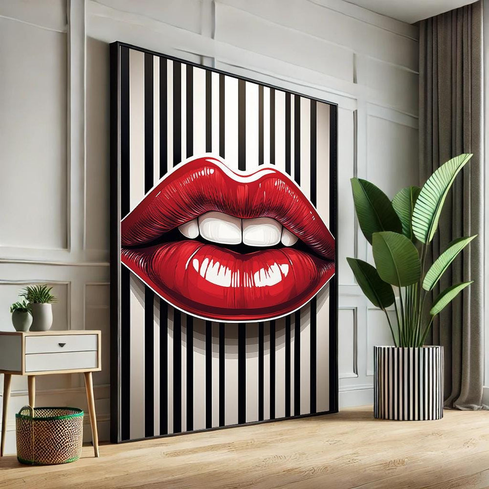 Abstract Lips Pop Art Canvas – Black and White Striped Wall Decor