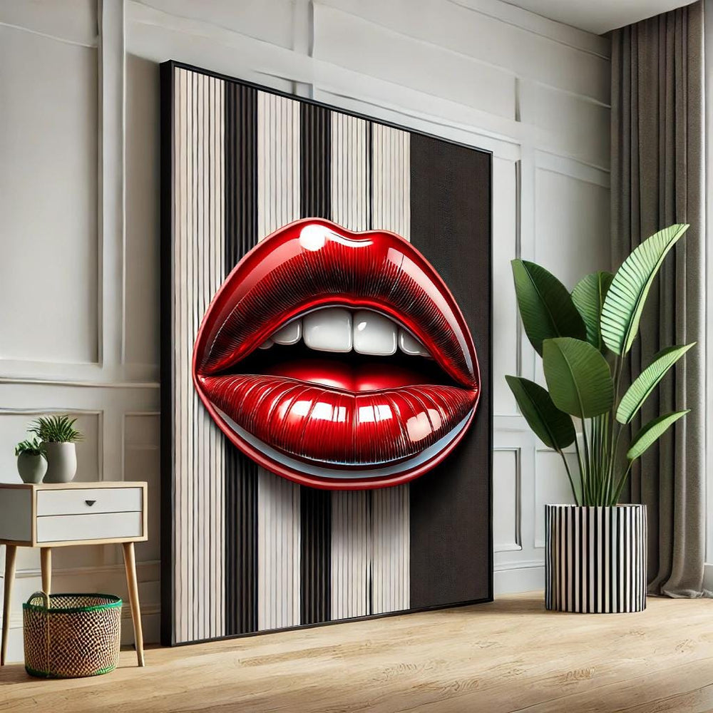 Abstract Lips Pop Art Canvas – Black & White Striped Wall Decor