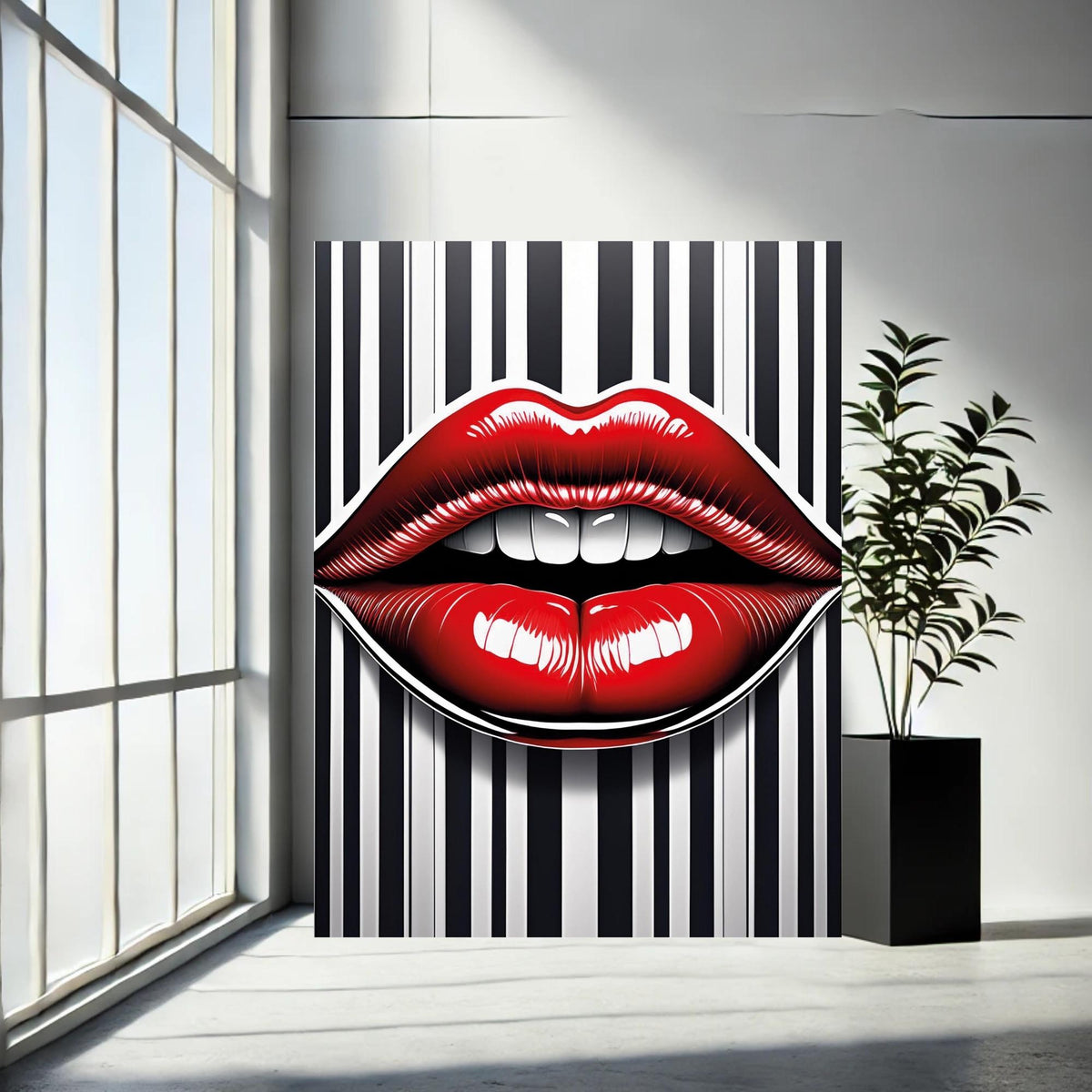 Abstract Lips Pop Art Canvas – Black & White Striped Wall Decor