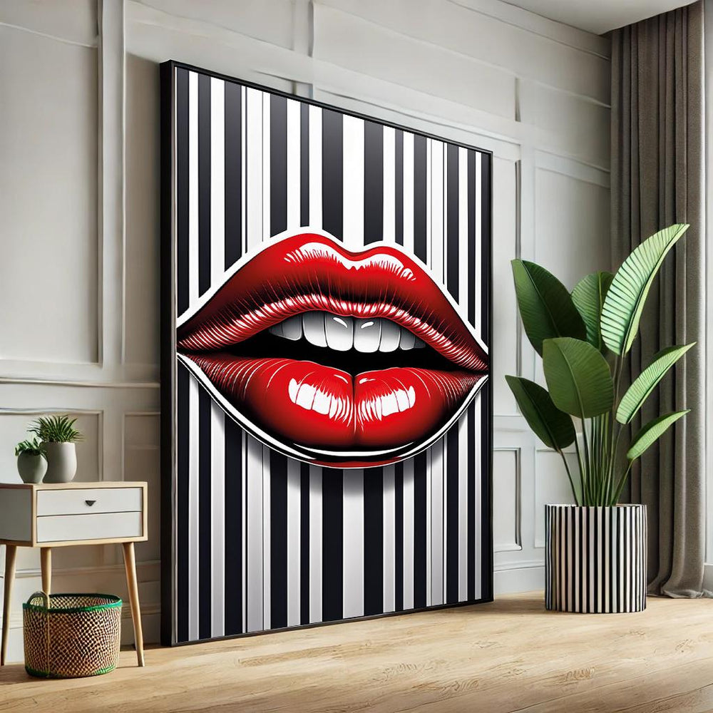 Abstract Lips Pop Art Canvas – Black & White Striped Wall Decor
