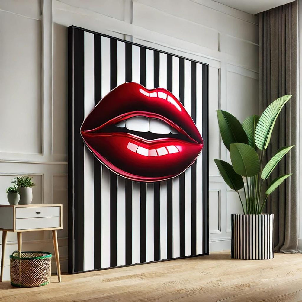 Abstract Lips Pop Art Canvas – Black & White Striped Wall Decor