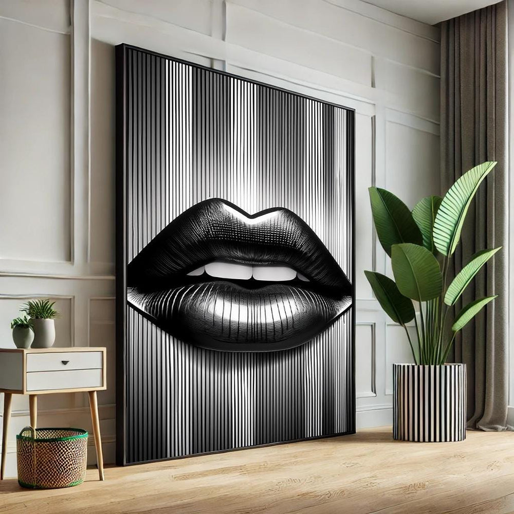 Abstract Lips Pop Art Canvas – Black & White Striped Wall Decor