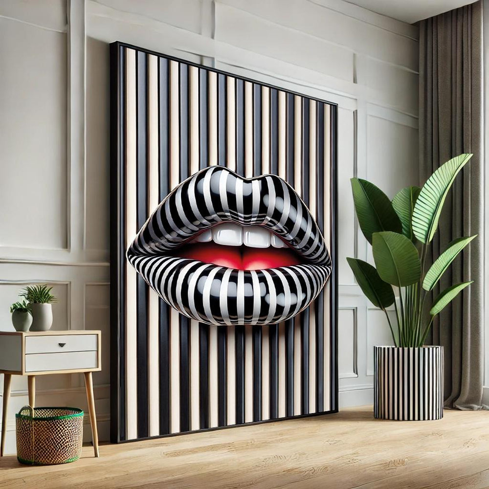 Abstract Lips Pop Art Canvas – Black & White Striped Wall Decor