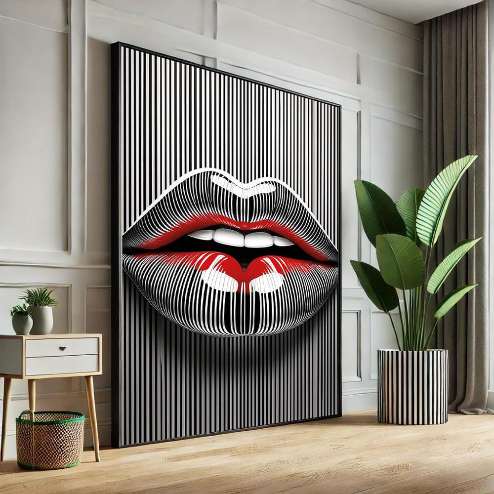 Abstract Lips Pop Art Canvas – Black & White Striped Wall Decor
