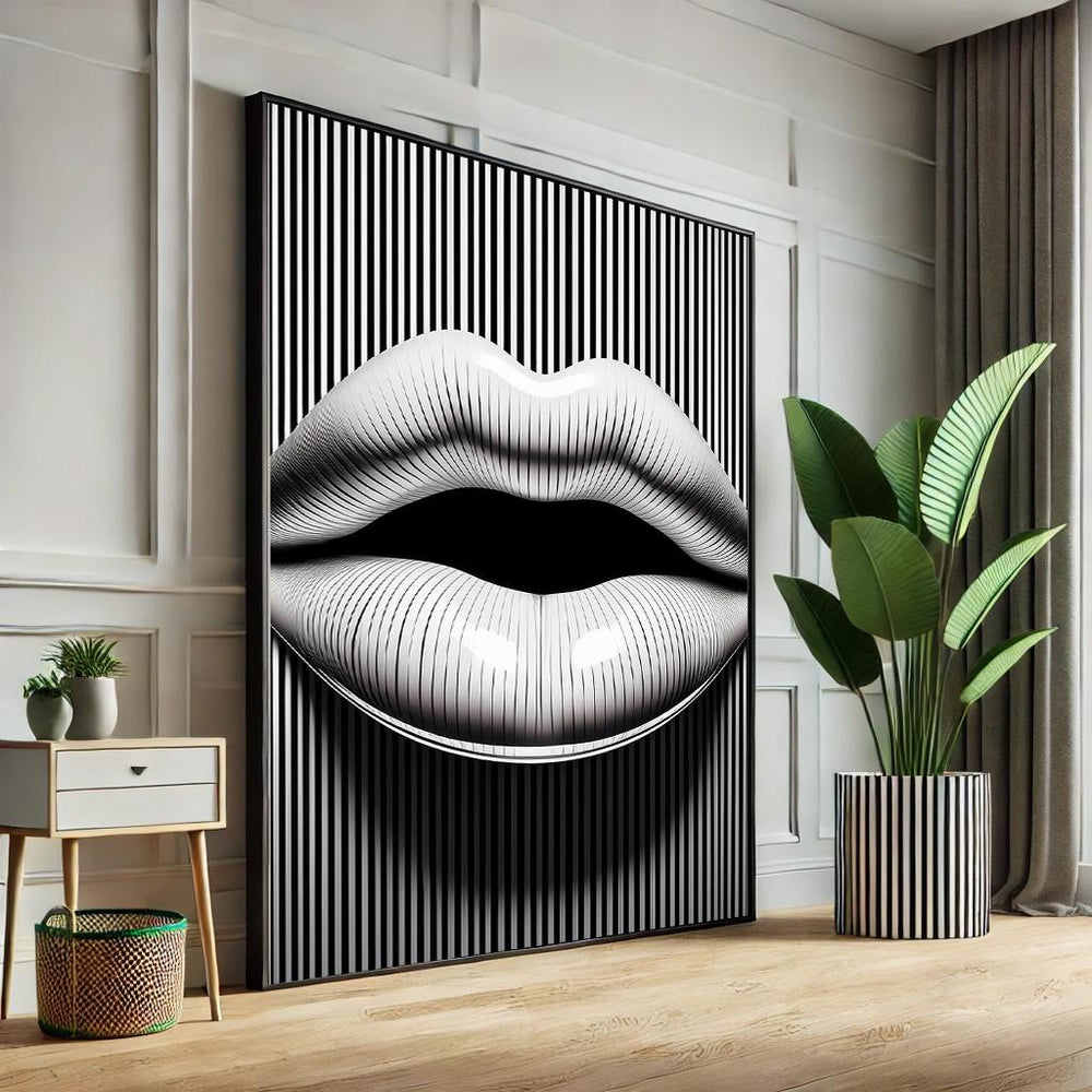 Abstract Lips Pop Art Canvas – Black & White Striped Wall Decor
