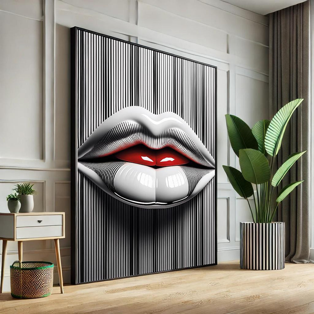 Abstract Lips Pop Art Canvas – Black and White Striped Wall Decor
