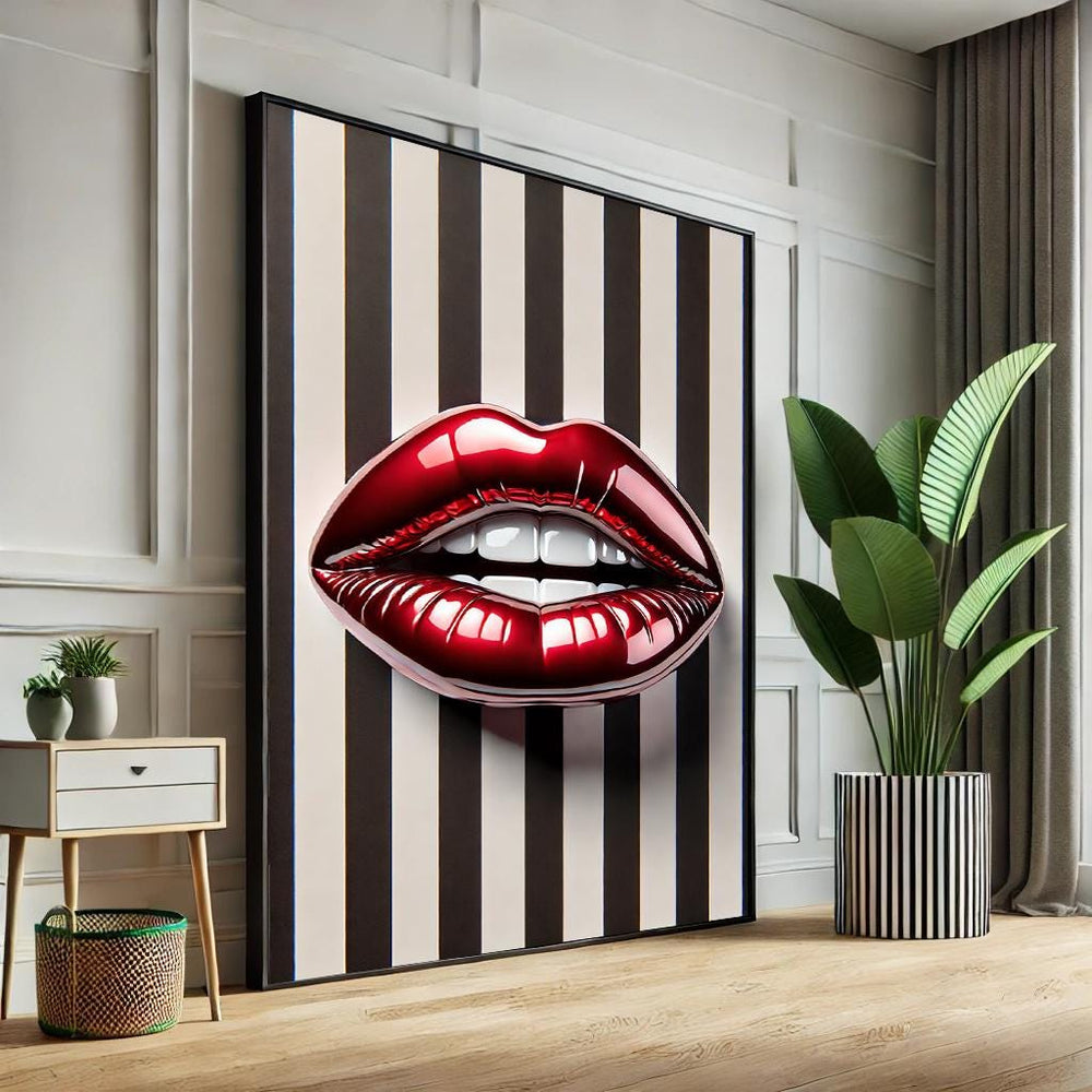Abstract Lips Pop Art Canvas – Black & White Striped Wall Decor